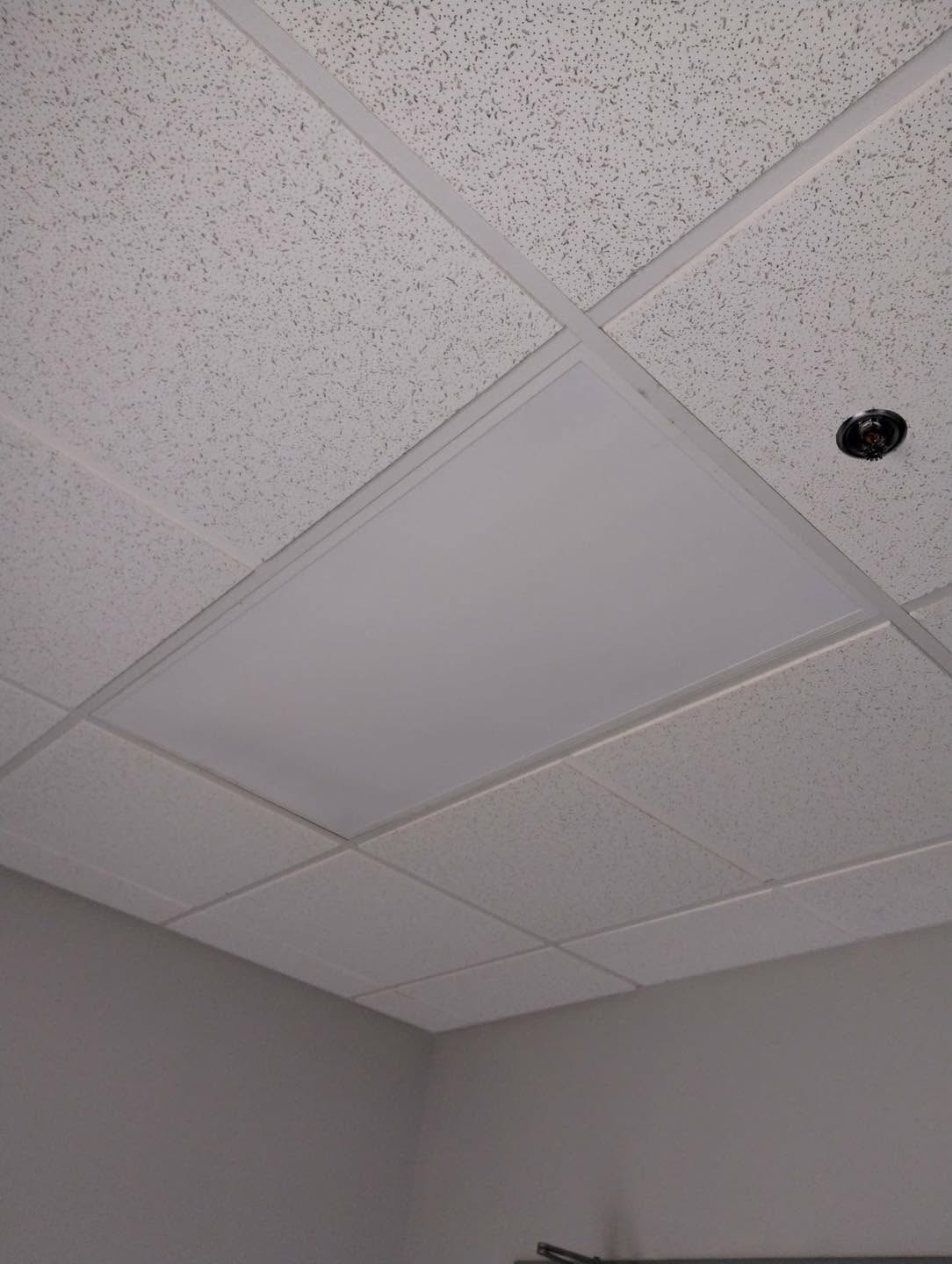 Plafond suspendu T-bar avec tuiles acoustiques installé selon les normes — Descoteaux Acoustique