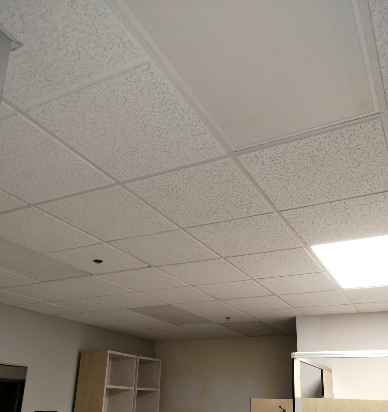 Espace commercial avec plafond suspendu T-bar, cloisons de gypse et ébénisterie en installation — Descoteaux Acoustique